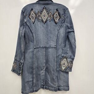 Zenim Denim Long Jacket Southwestern Aztec  Embroidered Sz Medium Rodeo Cowgirl